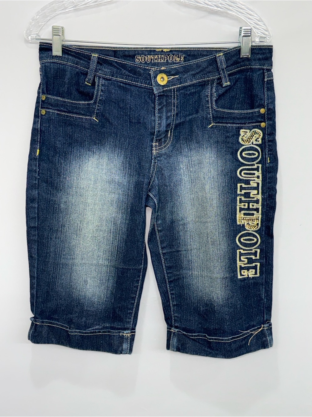 VTG Southpole Women Size 9 Long Bermuda Jorts LARGE EMBROIDERED LOGO Y2K Hip Hop